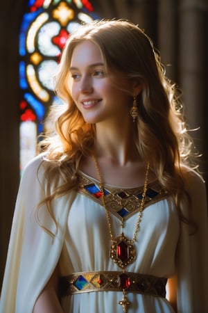 (divine young princess engraved in gold), elegant and cool, masterpiece, high quality realistic, aesthetic photo, pore and detailed, intricate detailed, graceful and beautiful textures, RAW photo, 16K, (bust-up portrait), cool tone, diffused sunlighting, head lighting, in the Cathedral, standing by the stained glass, light smile, look at camera, medium wavy hair, thin diamond necklace, background of  the detailed stained glass, thin gold crown, wearing white silk dress with fine embroidery,