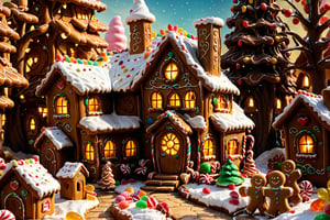 masterpiece, high quality animation, aesthetic photo ,(HDR:1.4), pore and detailed, intricate detailed, graceful and beautiful textures, RAW photo, 16K, warm tone, sharp, in the snow, (gingerbread-house:1.4), confectionery,  scattered gummies,, cookie outer wall, cookie roof with fresh-cream, candy tree, colorful,more detail XL,kid_backdrop,ADD MORE DETAIL