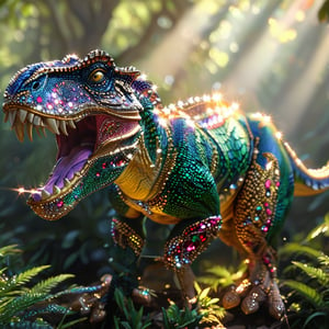 masterpiece, high quality realistic, aesthetic photo, pore and detailed, intricate detailed, graceful and beautiful textures, RAW photo, 16K, cinamatic lighting,in the dense Jungle, (full body), standing large Tyrannosaurus, sharp gaze, Ferocious, fighting pose, open mouth, (sharp fangs:1.1), (((very-short-hands:1.5))), ((sharp nails)), ((scale set with small-jewel-rhinestone:1.3)),