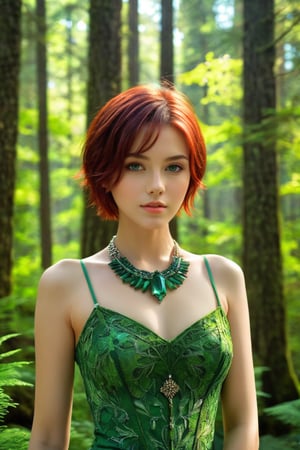 masterpiece, high quality, realistic aesthetic photo ,(HDR:1.2), pore and detailed, intricate detailed, graceful and beautiful textures, RAW photo, 16K, sharp forcus, vibrant colors, diffused sunlighting, (head to waist portrait), in the bright forest,  beautiful-young-girl carved on green-crystal, (wide shot), detailed beautiful face, dark-red short hair, necklace, open chest dress,hubggirl