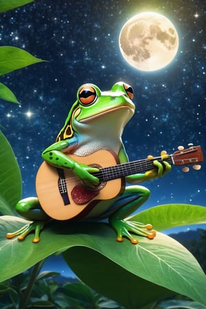 masterpiece, high quality animation, diffused sunlight, background of starry sky, fullmoon, frog playing acoustic-guitar, on the leaf,