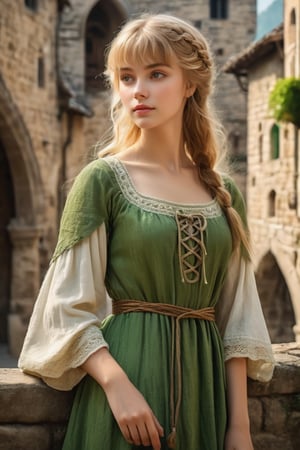masterpiece, high quality animation, aesthetic photo, pore and detailed, intricate detailed, graceful and beautiful textures, RAW photo, 16K, 
in the medieval europe cityscape, rustic young girl, cute face, blond medium hair, dull bangs, green lace up dress over white tunic