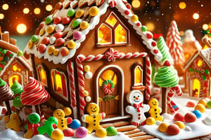 masterpiece, high quality animation, aesthetic photo ,(HDR:1.4), pore and detailed, intricate detailed, graceful and beautiful textures, RAW photo, 16K, warm tone, sharp, in the snow, (gingerbread-house:1.4), confectionery,  scattered gummies,, cookie outer wall, cookie roof with fresh-cream, candy tree, colorful,more detail XL,kid_backdrop,