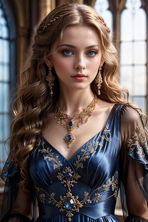 masterpiece, high quality realistic, aesthetic photo, pore and detailed, intricate detailed, graceful and beautiful textures, RAW photo, 16K, (head to waist portrait), cinematic lighting, girl fused on sapphire, smooth fair skin, cool face, light-blue eyes, light brown wavy medium hair, earing, thin necklace, silks and metallic gothic dress, many fine embroidery,niji5