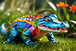 masterpiece, high quality, realistic aesthetic photo ,(HDR:1.2), pore and detailed, intricate detailed, graceful and beautiful textures, RAW photo, 16K, (orogami art), in the grass land, colorful crocodile,glass shiny style