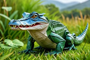 masterpiece, high quality, realistic aesthetic photo ,(HDR:1.2), pore and detailed, intricate detailed, graceful and beautiful textures, RAW photo, 16K, (orogami art), in the grass land, crocodile,