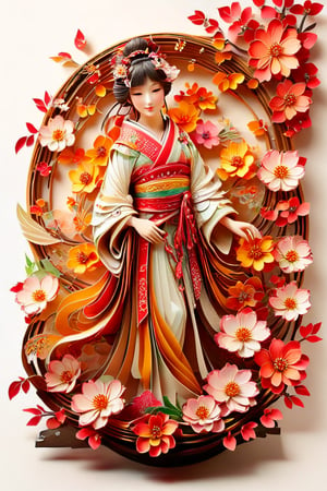 masterpiece, high quality realistic,  pore and detailed, intricate detailed, (paper craft ornament), ((art nouveau style:1.4)) white background, japanese beautiful girl, wearing kimono, little smile, full bloom Cherry tree, circle, kirigami, 3D SINGLE TEXT