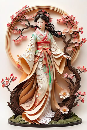 masterpiece, high quality realistic,  pore and detailed, intricate detailed, (paper craft art), (art nouveau style:1.4) white background, japanese oyamagata doll, full bloom Cherry tree, circle, kirigami,3D