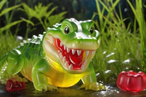 masterpiece, high quality, hyper-realistic photography captured with the best camera, 3D, HDR, high definition, pore and detailed, intricate detailed, volumetric lights, cinematic lighting, vibrant color, (gummy's toy theme), in the wetland, ((Fusion of crocodile and Gummy)), open mouth, gummy fangs,more detail XL,gummiLay