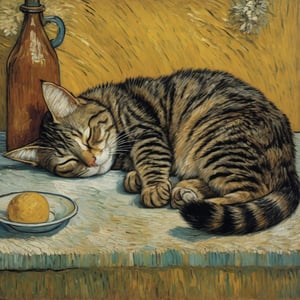 masterpiece, high quality, realistic aesthetic photo, pore and detailed, intricate detailed, natural soft lighting, cat sleeping on cafe counter,Works by Vincent Willem van Gogh,v0ng44g