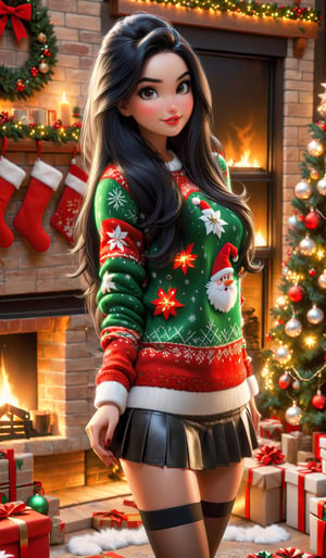 masterpiece, best quality, 1girl, long black hair, wearing christmas sweater, leather mini skirt, christmas decoration in background, lit fireplace in background,  ,christmas,