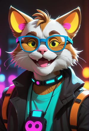 cyberpunk, line art, cartoon style, a mr.Cat , disney cartoon network,  glasses, smile, at a rave party, neon, cartoon network character, comic painting, bold lines,  