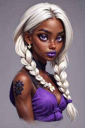 1girl, solo, long hair, looking at viewer, simple background, hair ornament, upper body, braid, flower, white hair, artist name, hair flower, dark skin, grey background, twin braids, dark-skinned female, makeup, lipstick, freckles, purple lips, blue lips