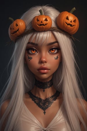 front view,(score 9, score 8 up, score_7_up, source anime, (masterpiece), best quality, expressive eyes, perfect face, (masterpiece), 
Dark bronze skin tone, sheet over her head, eye and mouth cutouts, orange eyes, very short stark white hair,
ghostgirl,1girl,solo,halloween,halloween costume,ghost costume,long costume