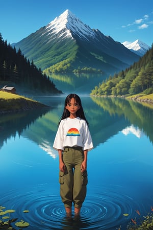 2D anime style, anime screencap, studio ghibli inspired,   a young woman with long dark hair and tanned skin, wearing a white sweater and green cargo pants, standing on the edge of a mountain lake with a confident pose. She looks out over the water, with the majestic snow-capped mountains and dense forest reflecting in the lake. The sunlight casts a warm glow on her face, enhancing the vibrant colors of the natural scenery. High detail and complexity, vibrant colors, dynamic lighting, immersive atmosphere