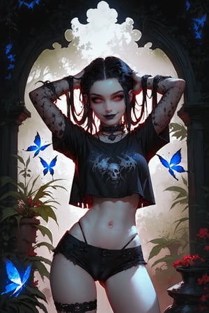 score_9, score_8_up, score_7_up,  solo, 1girl, gothic, nature, glowing, luminescent, goth, naked, pale skin, black hair, standing, thong, shirt, crop top, arms up, adjusting hair, red eyes, midriff, cameltoe, bottomless, smile, thigh gap, starry night, garden, outside, blossoms, blue glowing butterflies   concept art, realistic,  , expressiveH   , knva  Goth girl