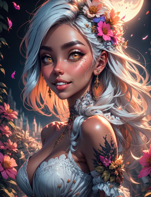 , fantasy, 1girl, (colorful),(finely detailed beautiful brown eyes and detailed face),cinematic lighting,bust shot,white hair,solo,smile,intricate skirt,((flying petal)),(Flowery meadow) sky, building, moonlight,, fantasy,
