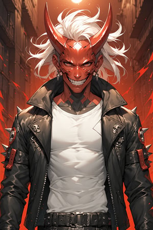 (score_9, score_8_up), score_7_up, 1boy, red mask, red theme, belt, black jacket, spikes, white shirt, teeth, solo, cyberpunk, horns, white hair, floating hair, skull, shiny, hoodie,
Depth of field, blurring background, cinematic lighting
