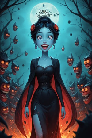 A Disney Pixar style animation of a woman in her early 20s, with wide eyes and a surprised expression, standing in a whimsical yet terrifying world filled with colorful but menacing monsters and demons. She is surrounded by fantastical landscapes with vibrant colors and surreal elements. The camera shot captures her from the knees up, focusing on her and the fantastical creatures around her. Pixar-style animation, bright colors, smooth lines, highly detailed, joyful yet eerie, enchanting.