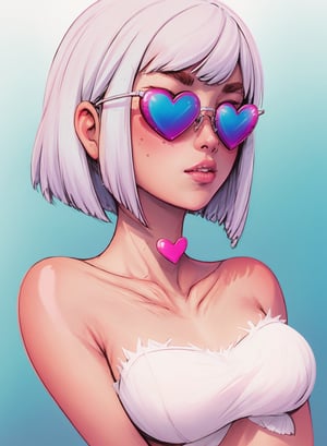 by Bruno Ferreira, a woman with blue heart shaped glasses, multi-color background, gradient, white hair, short hair, solo 