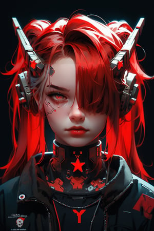 score_9, score_8_up, score_7_up, kyuyongeom, metal horns, 1girl, solo, portrait, cyberpunk cyborg, hair covering one eye, twintails chin-length hair, scarlet red hair,welding seams, black choker with [red ruby gem : soviet red star:0.3],, ,trending on dribbble, ad, aesthetics, aesthetic, pv,