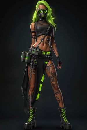 a dynamic, cyberpunk-inspired female character with a bold, rebellious style. She wears a black mesh crop top paired with a belted, asymmetrical skirt featuring green striped accents. Her outfit is accessorized with multiple buckles, chains, and a utility belt carrying two green canisters, emphasizing a punk or apocalyptic vibe. Her neon green hair, styled in long flowing layers, adds energy to the design, contrasting with the dark elements. A gas mask covers her face, enhancing the post-apocalyptic look, while tattoos with swirling, alien-like designs adorn her exposed leg. She wears fingerless gloves and sturdy platform boots laced with bright green, completing her edgy and futuristic aesthetic.dark background, BNR, BNR style