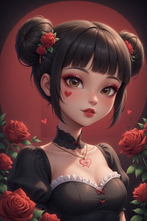 dal-1, 1girl, solo, looking at viewer, short hair, black hair, hair ornament, dress, closed mouth, jewelry, twintails, brown eyes, upper body, flower, heart, frills, parted lips, blunt bangs, hair flower, necklace, hair bun, black dress, eyelashes, clothing cutout, tattoo, double bun, makeup, border, rose, facial mark, portrait, cross, red flower, neon background, lace, red rose, red lips, neon theme, heart tattoo, heart facial mark
,CONCEPT_irezumi_YakuzaTattoo_ownwaifu,score_9,disney pixar style