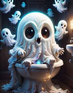 Digital image of an adorable ghost glowing inside, toilet, owl, Halloween, high quality, masterpiece, 8k, super cute, (flying ghosts1:2)
