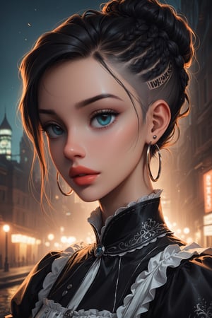 , A striking woman with intricate braided hair,  undercut hairstyle, and hoop earrings, dressed in a high-collared, futuristic outfit, standing against a vibrant, neon-lit cityscape, gothic art style, dark and moody, intricate details, rich colors, dramatic lighting, ornate patterns, medieval inspired, mysterious atmosphere, high contrast, artistic and elegant, intricate hair patterns, expressive eyes, complex background with gothic elements, deep shadows, high contrast, textured surfaces, dynamic composition,
