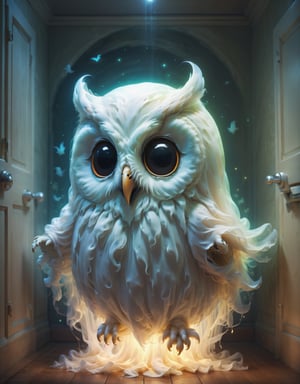 Digital image of an adorable ghost glowing inside, toilet, (owl:1.3), Halloween, high quality, masterpiece, 8k, super cute, (flying ghosts:1.1)