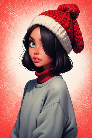 score_9, knva, halftone effect, 1girl, solo, red sweater, black bob hair, hair covering one eye, red knitted hat,