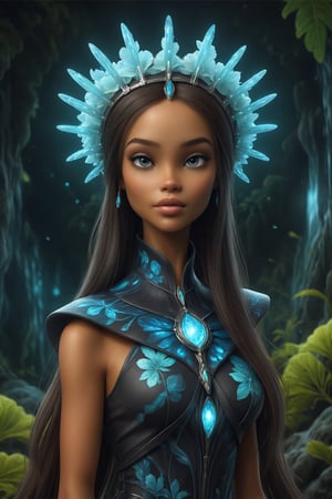 (in Justin Gerard style:1.4), (masterpiece:1.2), (A uniquely beautiful female dressed in attire resembling a fusion of bioluminescent flora and cybernetic enhancements set against a composition that merges fractal patterns with dreamlike landscapes, wearing unique Avant-garde masterpiece attire and headdress:1.1), (upper body portrait:1.0), (The subject is best lit with a shifting pulsating light that accentuates the organic-meets-technological ensemble, The background features a surreal dreamscape with floating islands and cascading waterfalls:1.1)