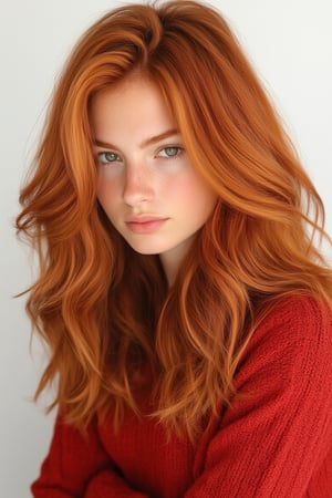 (RAW photo), ginger woman, cowboy shot, leaning over, red sweater falling off her shoulder, cleavage, extremely sexy, seductive, long hair, floating hair, narrow hips, slim, skinny, adult, flirting, luscious lips, (small breasts, big hips, looking at the viewer), (simple background, white background), (intricate details), (dynamic angle), (cinematic lights), seductive, innocent, (realistic skin:1.4), sharp, (analog film grain)