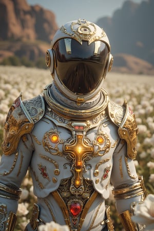 Jesus in medieval bronze jewel encrusted Diamond all white spacesuit diamond white galactic universe stellar red jewel armor with a glowing cross on his chest in a field of white diamond roses and flowing white rivers Unreal engine 5