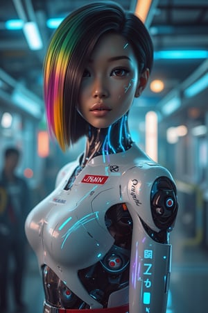 Upper body , In a 35mm shot with a 9:16 aspect ratio, a stunning cybernetic girl stands tall in a docking station, her gaze amplified by enhanced sensory capabilities. Her porcelain skin glows softly under holographic projections refracting light. Rainbow-colored hair cascades down her back in an asymmetrical A-line haircut. Metallic accents adorn her slender fingers as she takes off her left arm, revealing blue LED lights tracing her body. Perfect facial features and a short black hairstyle are accentuated by cinematic lighting. A red diagonal belt holds an exaggerated mechanical Japanese samurai sword, while white English labels cover her robotic body parts. The production model and brand logo shine brightly amidst the bokeh effect, adding depth to the scene. With hyper detail and extreme attention to lighting, this cyberpunk masterpiece exudes complex emotions, blending tradition with innovation in a dystopian world.