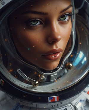 FULL BODY image from the waist up view of a BEAUTIFUL mature GREEN EYED 25 year old female astronaut, MARGOT ROBBIE, constellation reflected in her glass covered face