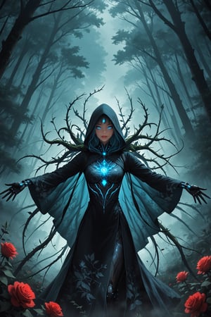 2D anime style, eerie feminine figure with glowing blue eyes and a sinister grin, standing tall with arms outstretched, shrouded in a hooded cloak intertwined with vines and roses. Mechanical limbs covered in intricate floral patterns, expressive and haunting presence, detailed and vibrant flowers and leaves. Background features a dark, foggy forest with twisted trees and glowing orbs, extreme complexity and details, bold outlines, flat colors