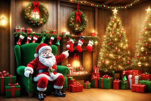 Create a magical image of Santa Claus and his elves decorating their home before the upcoming holidays. Add lots of bright garlands, cheerful balls, glittery ribbons and other festive decorations. Show a joyful and cheerful moment when the whole house is filled with the magic of Christmas!