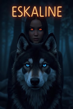 This is a minimalist movie scene with a majestic husky wolf in the foreground with piercing blue eyes. The black and white fur of the wolf contrasts with the dimly lit background. Place a frontal shot of a young woman behind the wolf, with as little detail as possible, but with strong and intense eyes. The background should be a simple blend of dark silhouettes and shadows, creating a sense of depth and mystery with clean lines and reduced detail. The copper neon nameplate in the upper right of the image reads "ESKALINE".32KUHD