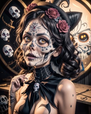 portrait photo of a beautiful 18 year old girl that looks like (La Catrina:1.2), (Da de los Muertos:1.2), intricate details, in the photostudio, 3 point lighting, headshot photography, gorgeous eyes, detailed smooth skin, juicy lips, 3dmm 