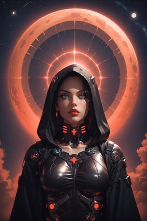 masterpiece, best quality, a woman in a futuristic suit, a sword on her back,  in the dark night sky with stars in the background and a full moon in the sky, cybernetic, cyberpunk art, fantasy art      , hooded cloak,g0thicPXL