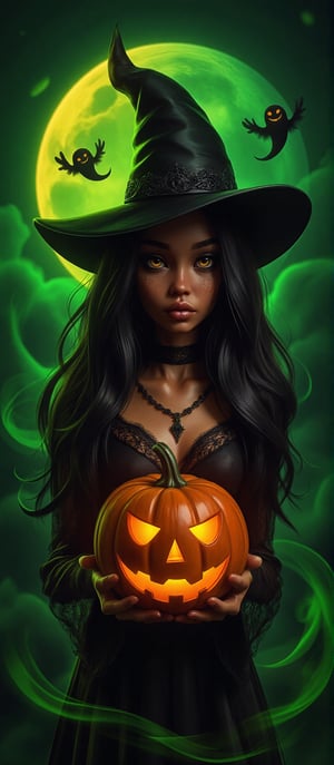 A dark-haired witch with a large, pointed black hat stands at the center, holding a glowing carved pumpkin with a classic jack-o'-lantern face. Her long, wavy black hair flows past her shoulders, partially covering a gothic-style dress with intricate lace details around the collar and sleeves. Her eyes are glowing orange, matching the glow of the pumpkin. Two small ghostly spirits float near her, one on each side of the pumpkin, their expressions eerie and playful. The background is a glowing green, with a large full moon casting an ominous light, surrounded by swirling wisps of fog. The scene has a dark, magical atmosphere with vibrant contrasts between the green background and the orange glow from the pumpkin.     drkfnts style, 