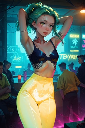 there is a woman dancing in glowing pants in a room with a yellow light, bright cyberpunk glow, cyberpunk vibe, glow, cyberpunk lighting, neon and dark, 