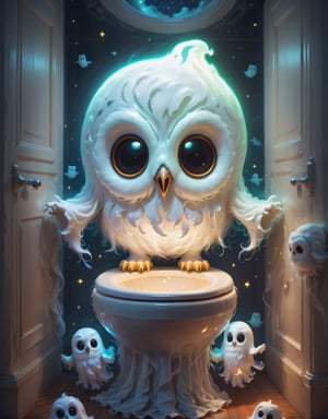 Digital image of an adorable ghost glowing inside, toilet, (owl:1.3), Halloween, high quality, masterpiece, 8k, super cute, (flying ghosts:1.1)
