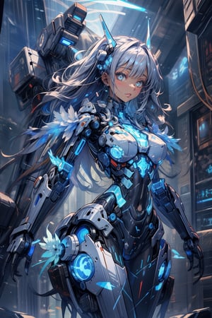 robot Girl,Giant rock cutter arm, adorned with ((Transparent Bondi blue color body parts)), revealing the intricate machinery inside, giant robotic weapon, smooth and angular design despite Transparent Bondi blue color parts, pulsating energy and intricate circuitry visible through transparent body parts.,robot, mechanical arms,Glass Elements,Clear Glass Skin,hubg_mecha_girl,Blue Backlight