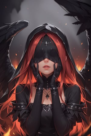 score_9, score_8_up, score_7_up, 1girl, long hair, simple background, black hair, long sleeves, dress, jewelry, upper body, red hair, grey background, necklace, black dress, gradient, gradient background, glowing, black background, veil, spikes, covered face, black theme, feathered wings, hands on face, black gloves, 
depth of field, blurry background, black background, dark, embers, chaos, realistic, CINE,
 