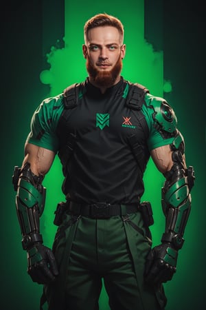 Black and green theme, portrait of a 30 year old man, waist height, looking directly into the camera, looking at the viewer, beard, muscular body, bright colors background, biomechanics arms 