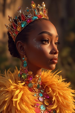 Super High-fashion-Diamanten Fotografie einer dunkelhäutigen afroamerikanischen melanin Königin mit aufwändigem Make-up, Kleidung besteht aus funkelnden bunten Diamanten, vertikal und in Nahaufnahme mit einem 35-mm-Weitwinkelobjektiv aufgenommen, Vintage-Stimmung mit Kodak-Goldfilm für Farbabzüge, traditionelle Modefotografie, physische Welt hyperrealistisch, ultrarealistisch, Ambient Occlusion, globale Beleuchtung, Modekonzeptfotografie