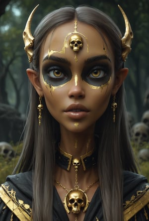 cute, gorgeous necromancer female Aerenal Elf, gold and black robes, skull painted onto her face, face paint, skull face paint, graveyard, perfect anatomy, approaching perfection, dynamic, highly detailed, smooth, sharp focus, art by Carne Griffiths and Wadim Kashin, trending on artstation, sharp focus, intricate details, highly detailed, by greg rutkowski, mysterious, epic, cinematic, digital art, 4k,  