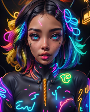 1 girl, symmetrical face, perfect brown eyes, sparks, (female hair made of fine multicolored neon curls:1.5), (long thin hair made of multicolored neon strands flowing down the body), smoky skin, realism, (in a colorful candy world:1.2), ultra high resolution, 8k, HDr, art, high detail, , art,shodanSS_soul3142,High detailed , 1girl,SAM YANG